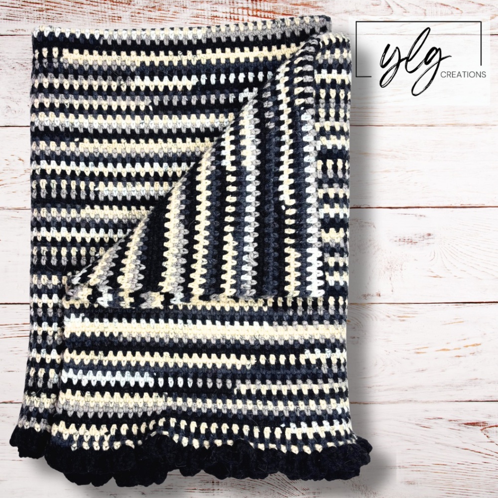 Crochet Afghan Blanket Throw Hand Crafted Variegated Black Gray 50 x 44